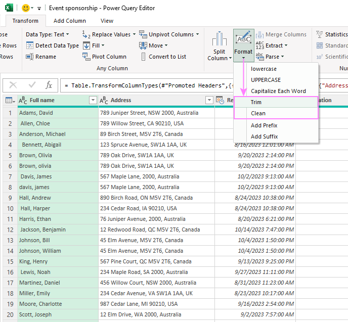 How to use Power Query in Excel to trim and clean data.