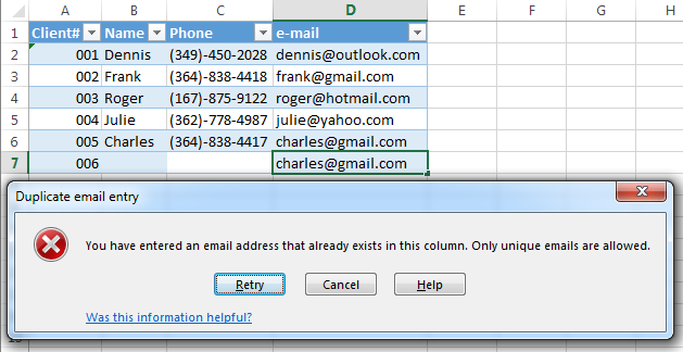 Excel 2016 Duplicate Entries