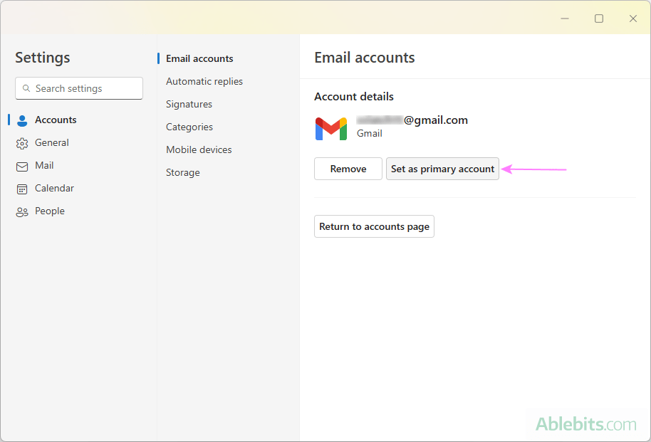 Change the primary account in the new Outlook for Windows.