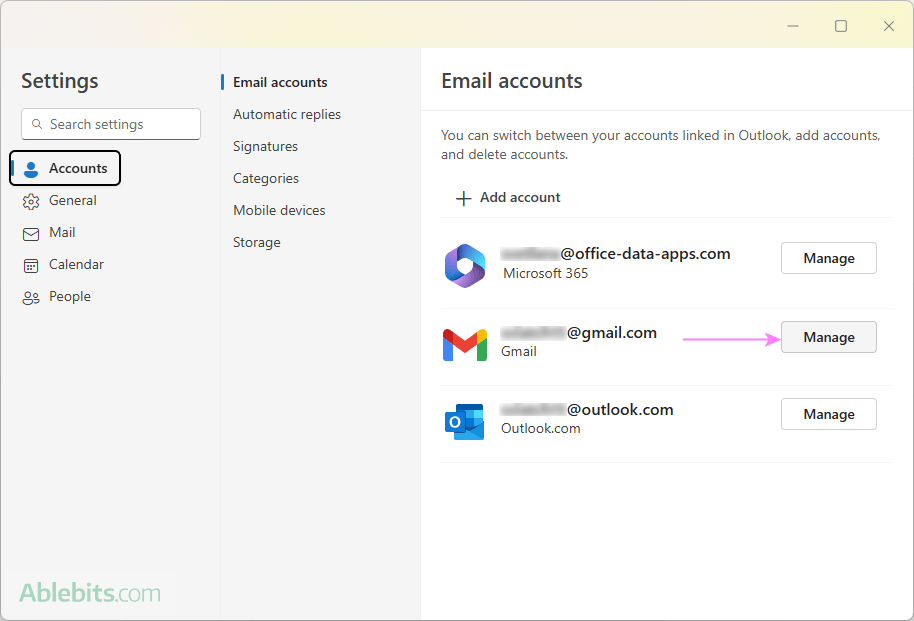 Manage an account in the new Outlook.