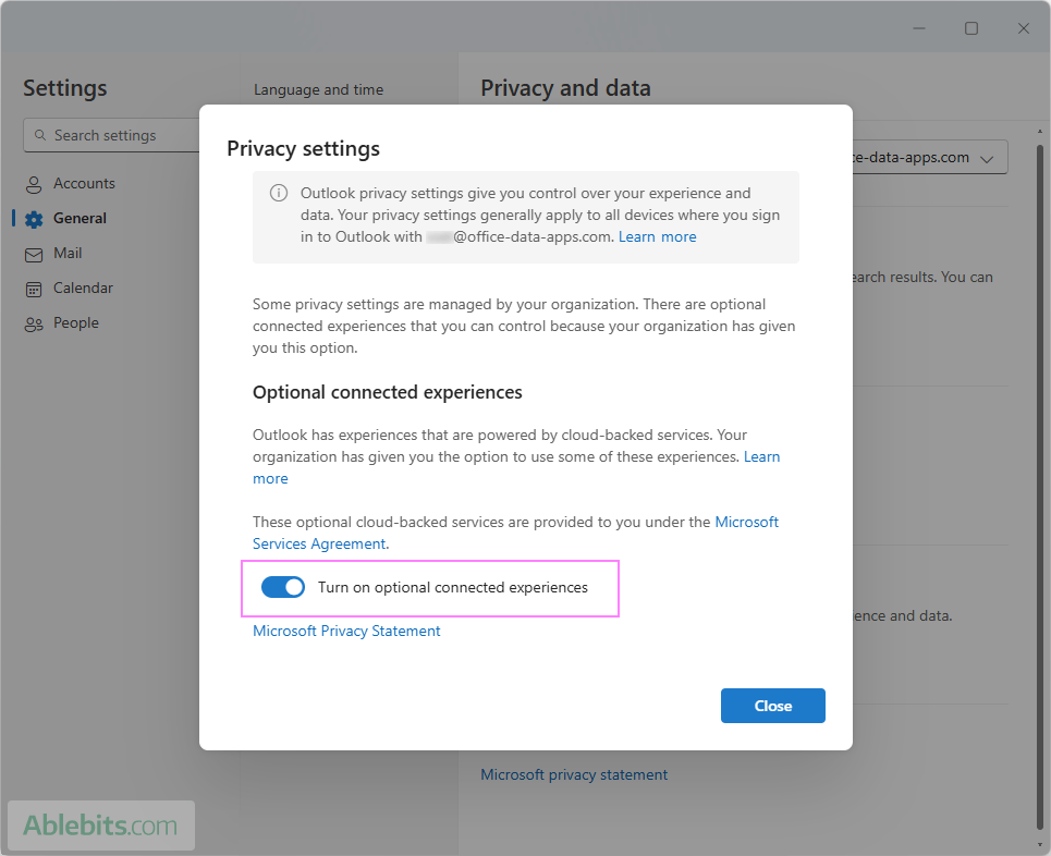 Turn on or off optional connected experiences in Outlook.