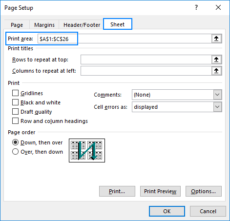 multiple print areas in excel