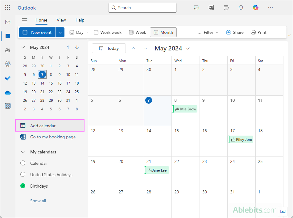 Add a calendar in the new Outlook app or web.
