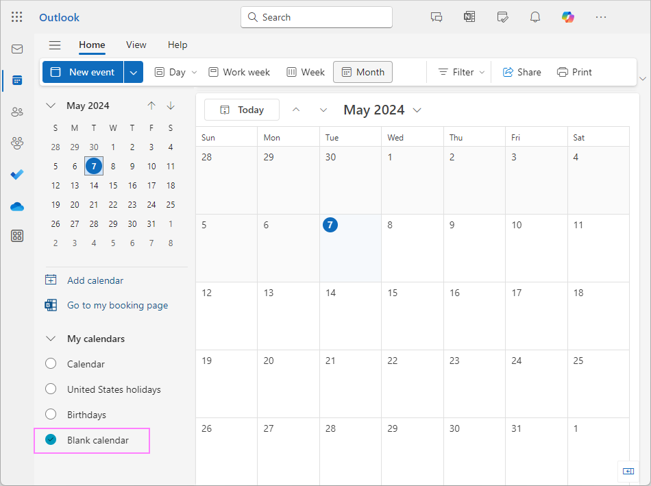 A blank calendar is ready for printing in the new Outlook and web.