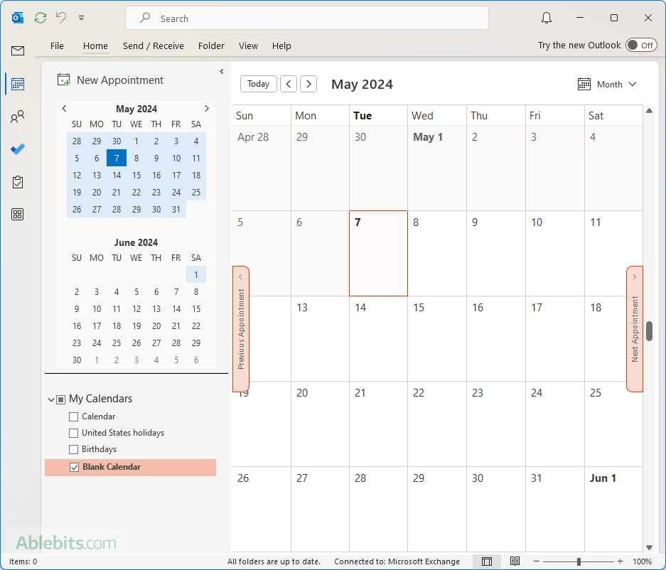 A blank calendar is available for printing in Outlook.