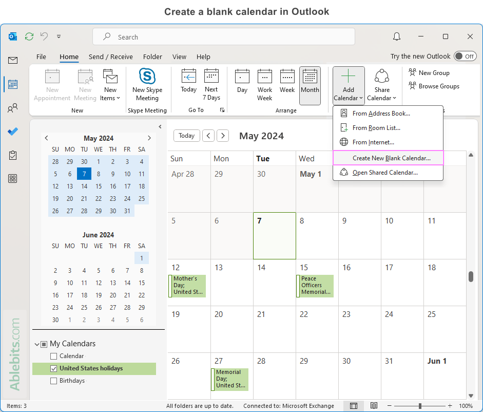 Create a blank calendar in Outlook.