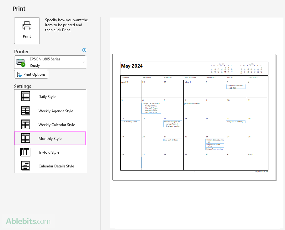 Outlook calendar monthly style
