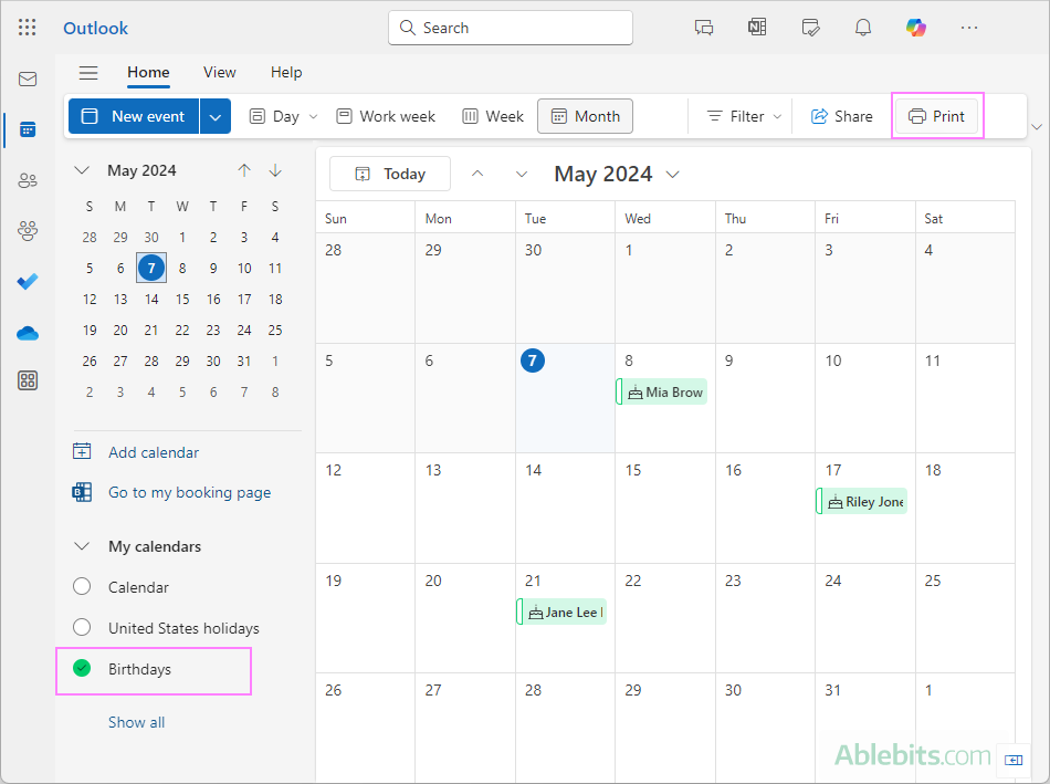 Printing calendar in Outlook on the web