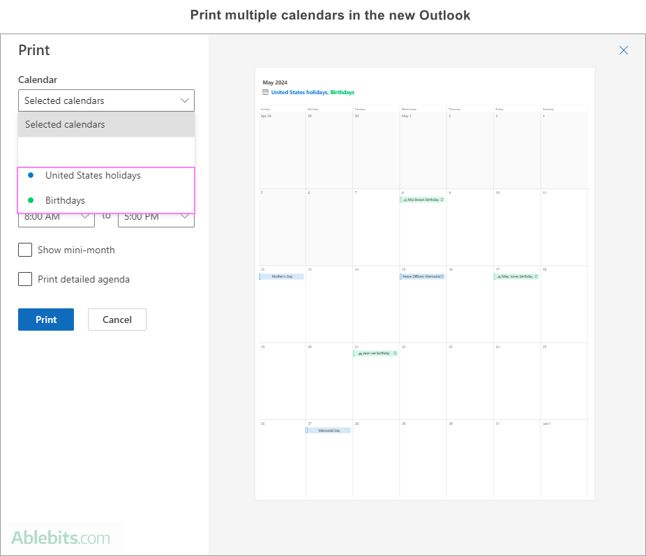 Print multiple calendars in the new Outlook.
