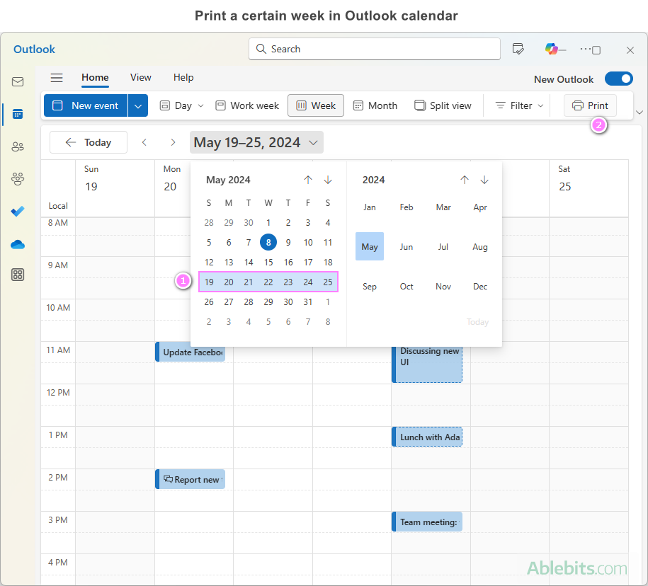 Print a specific week in Outlook calendar.