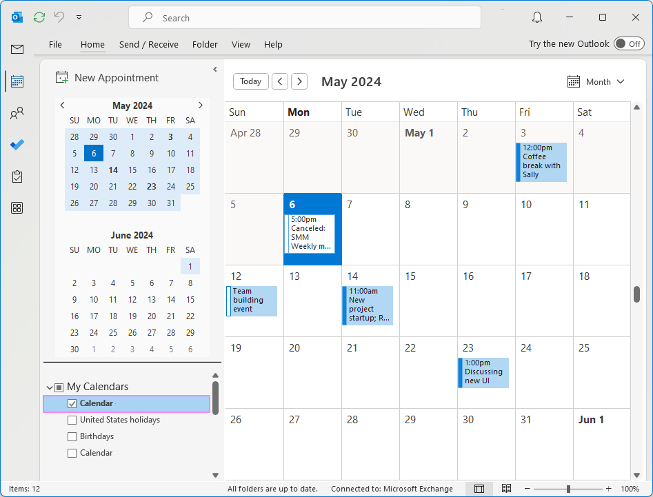 Select the calendar in Outlook.