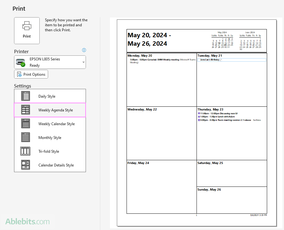 Outlook calendar weekly agenda style