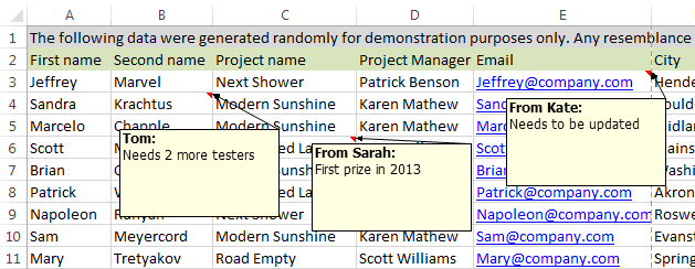 change standard notes in excel