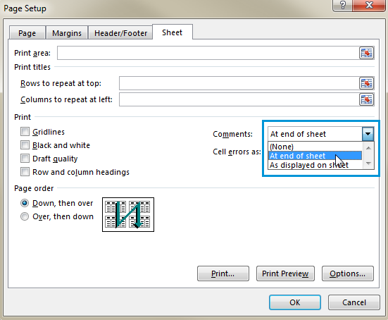 Select the At end of sheet option