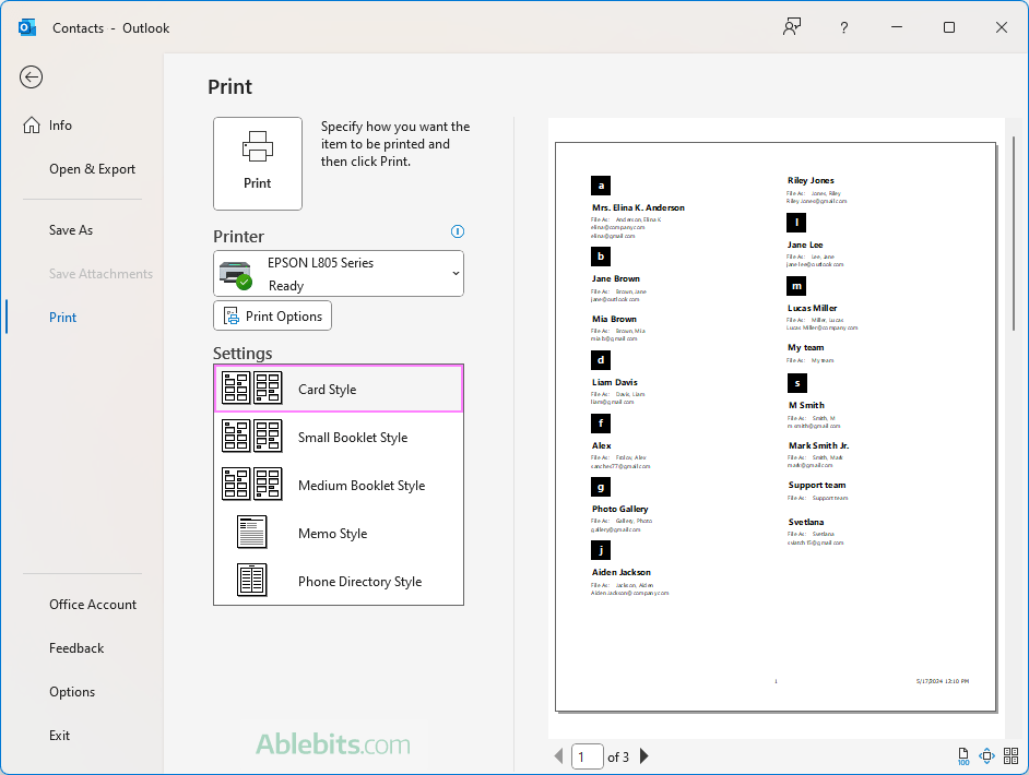 Outlook contacts card style