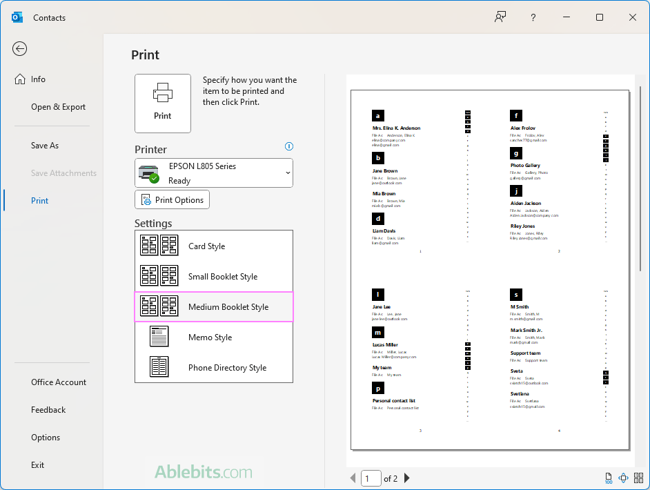 Outlook contacts medium booklet style