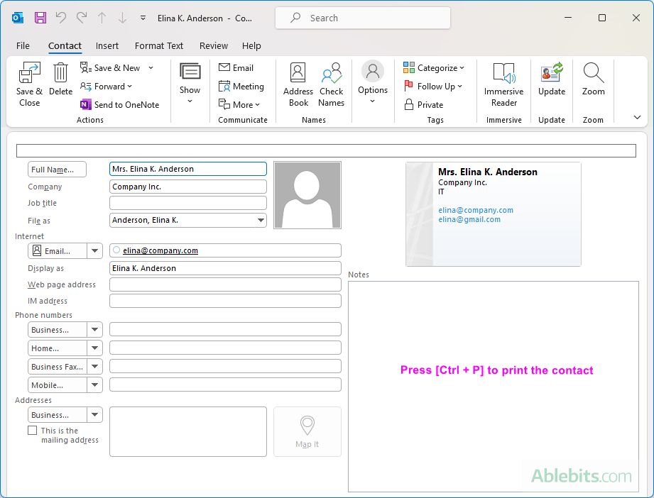Open the contact card in Outlook.