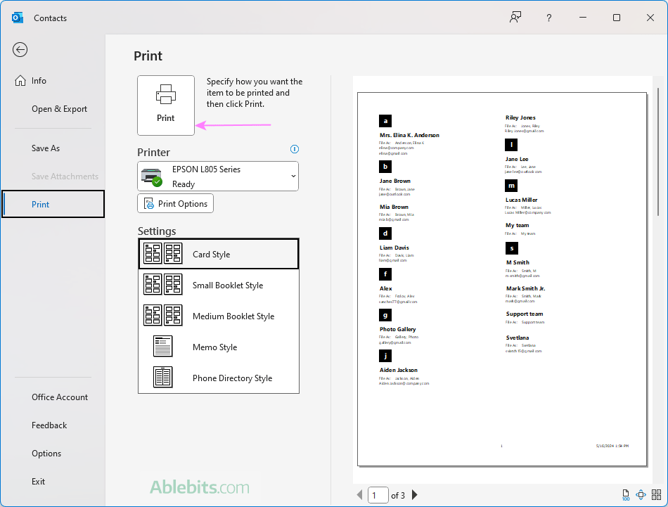Print contacts in Outlook.