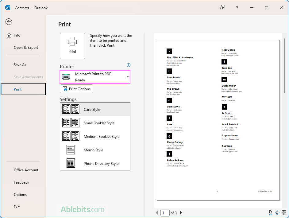 Print Outlook contacts to PDF.