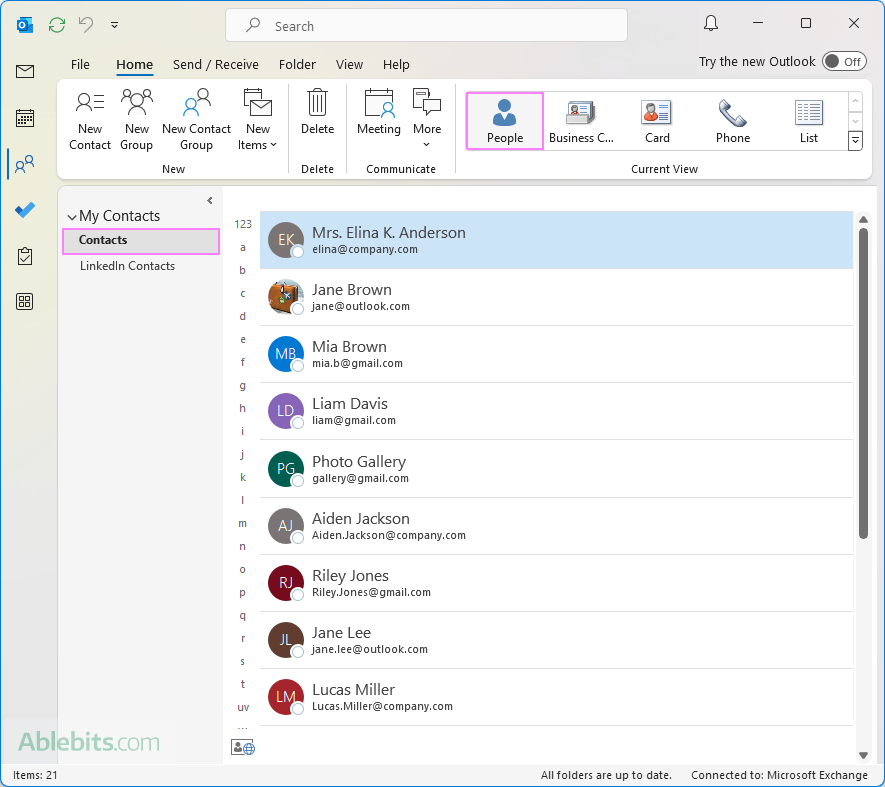 Select the contacts folder to print.