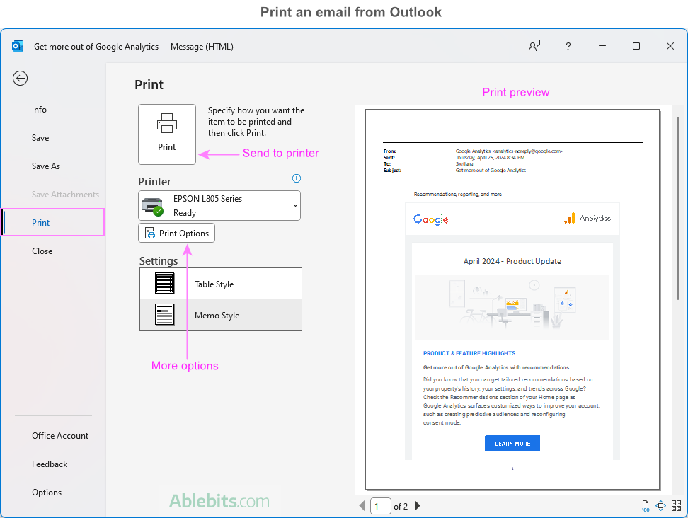 Print an email on Outlook.