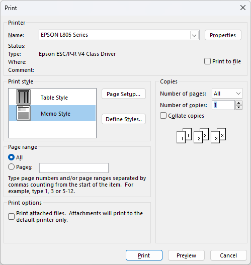 Print options in Outlook