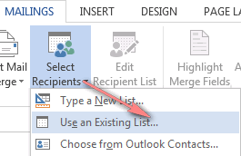 Connect to an Excel worksheet by clicking Select Recipients > Use an Existing List... Connect to an Excel worksheet by clicking Select Recipients > Use an Existing List...