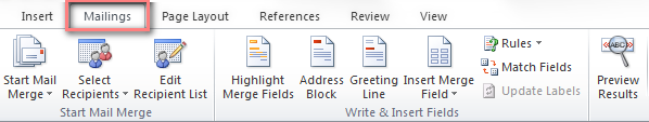 Mailings ribbon group in Microsoft Word Mailings ribbon group in Microsoft Word