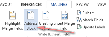 To add the Address Block, click Mailing tab > Write and Insert Fields > Address block. To add the Address Block, click Mailing tab > Write and Insert Fields > Address block.