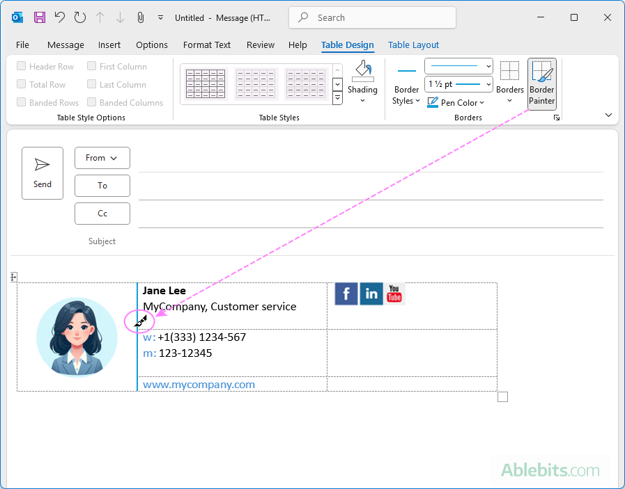 Add dividers to separate different sections of your Outlook email signature.