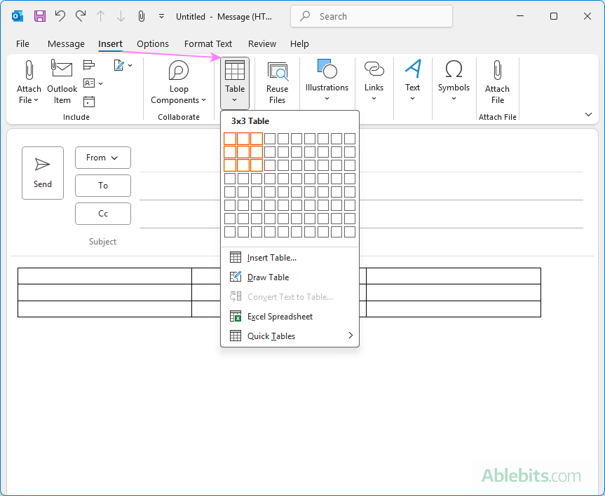 Insert a table to structure your Outlook email signature layout.