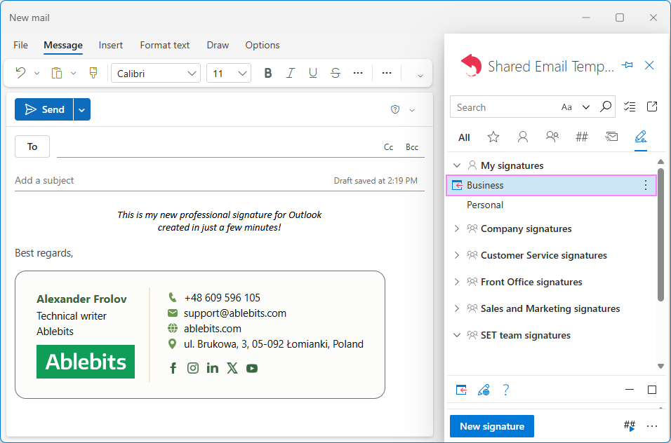 Insert a professional email signature into an Outlook email.