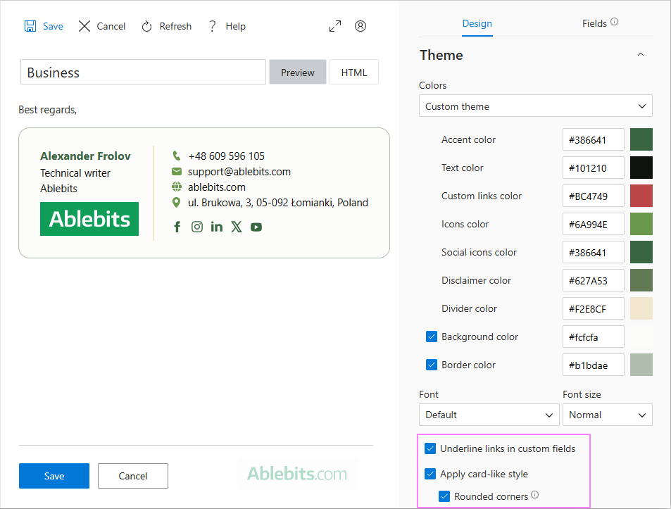 Finalize and save your custom email signature for Outlook.