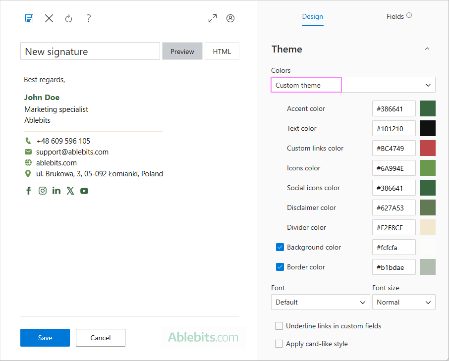 Choose a color theme for your email signature.