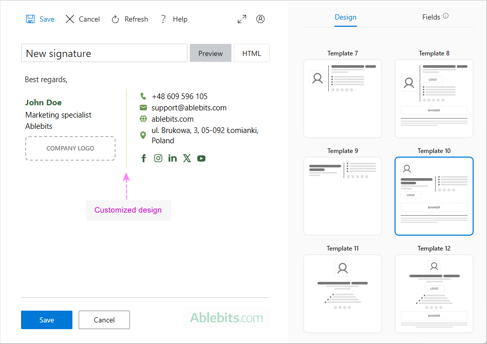 Design your Outlook email signature in the visual editor.