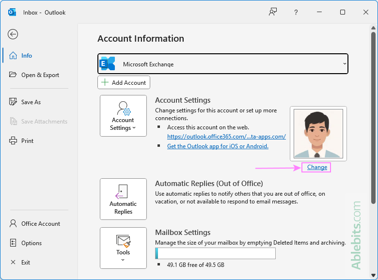 Change profile image in Outlook desktop.