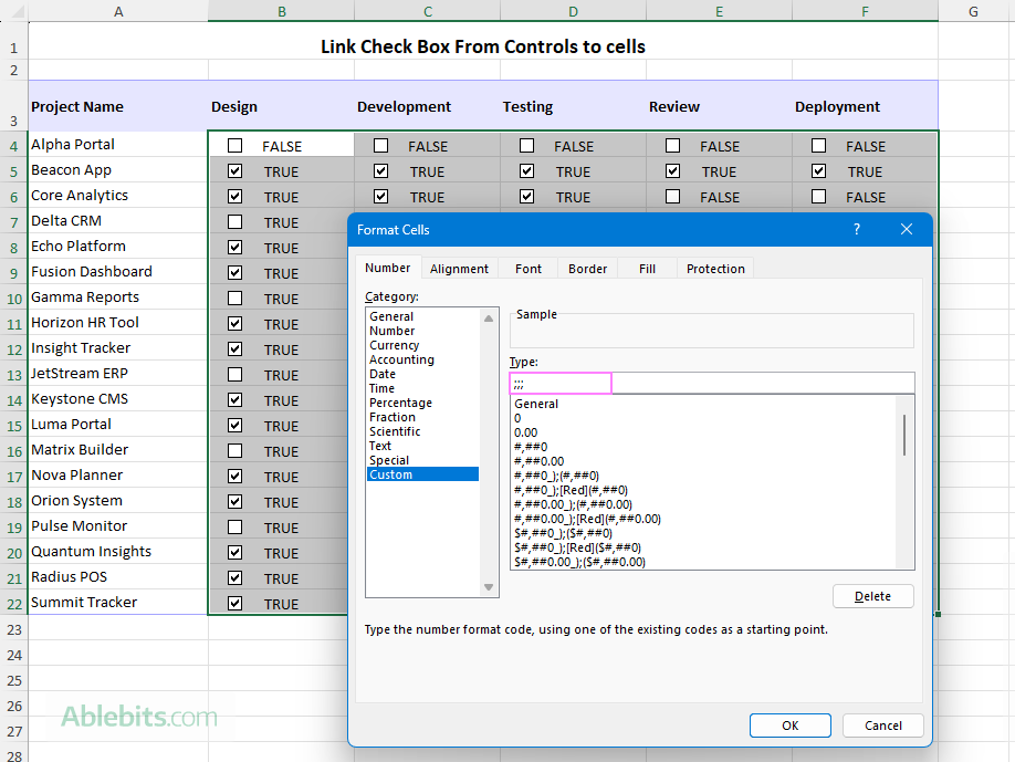 Apply a custom format that hides TRUE/FALSE values in cells linked to checkboxes.