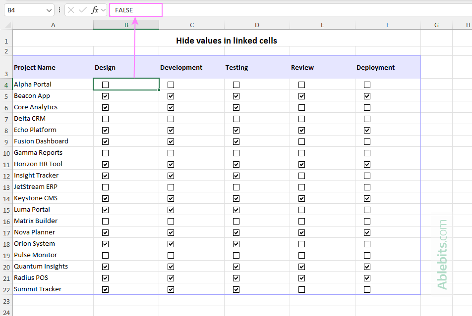 The TRUE and FALSE values are hidden in cells.