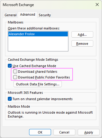 Disable caching for shared folders and public folder favorites.