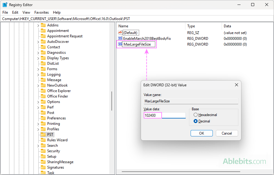 Set the MaxLargeFileSize value to change the default PST and OST file size limit.