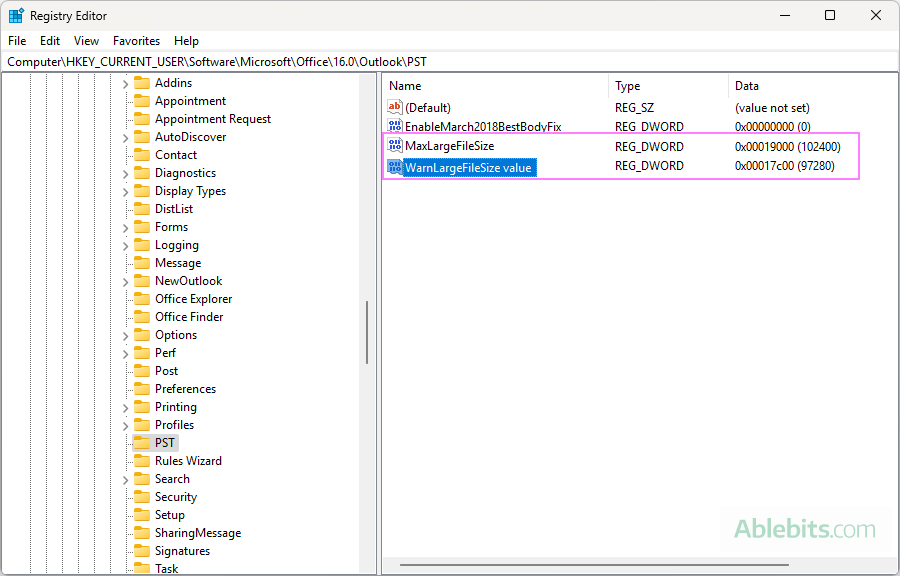 Set the WarnLargeFileSize registry value.