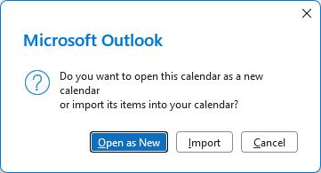 Import an ICS file as a new calendar or copy its events into an existing Outlook calendar.