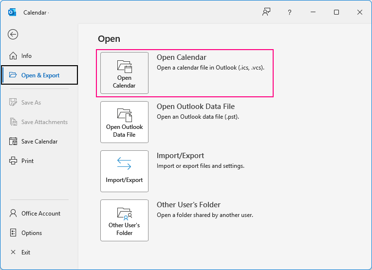 Open Calendar option in classic Outlook.