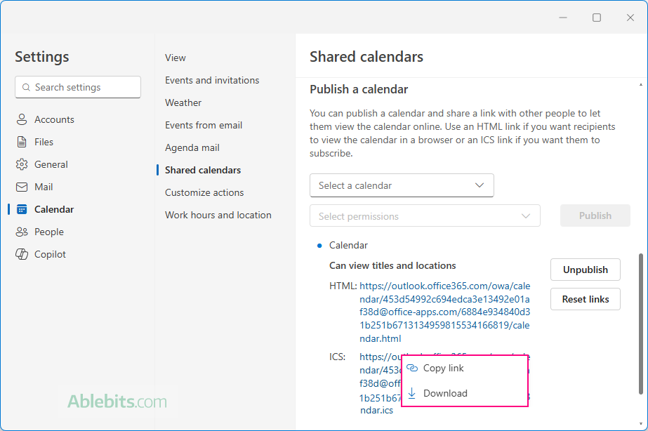 Copy an ICS link for your published Outlook calendar.