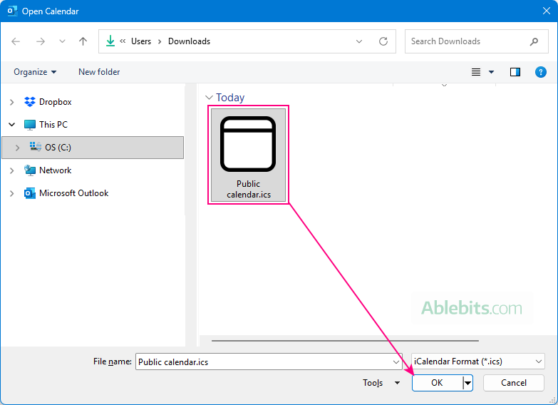 Select an ICS file in Outlook.