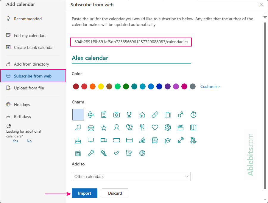 Subscribe to an internet calendar in Outlook using an ICS link.