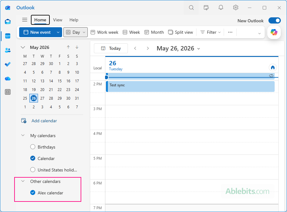 View the subscribed calendar in Outlook.
