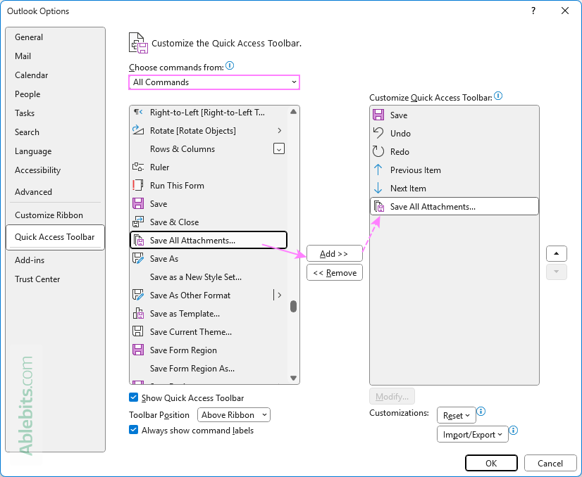 Add a button to the Outlook Quick Access Toolbar.