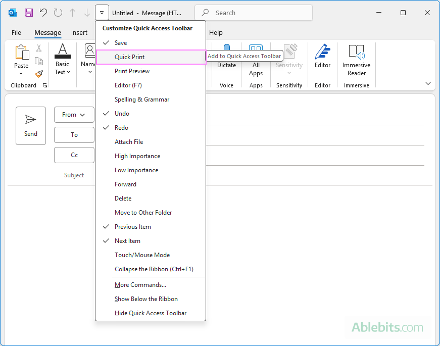 Add a command from the built-in list to the Outlook Quick Access Toolbar.