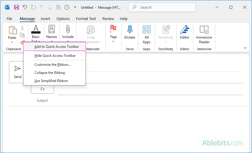 Add a command from the Outlook ribbon to the Quick Access Toolbar.